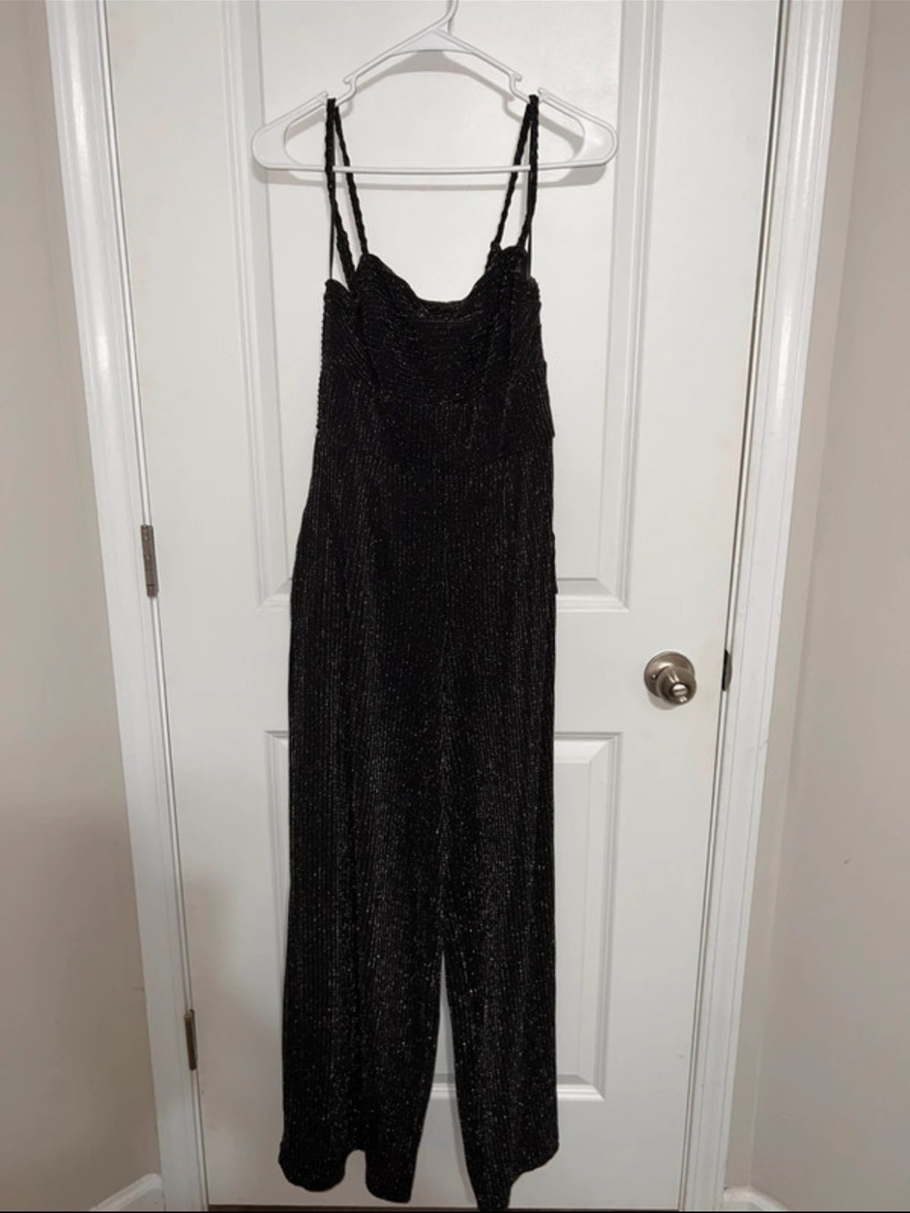 Francesca's Collections Black Metallic Strappy Wide-Leg Jumpsuit